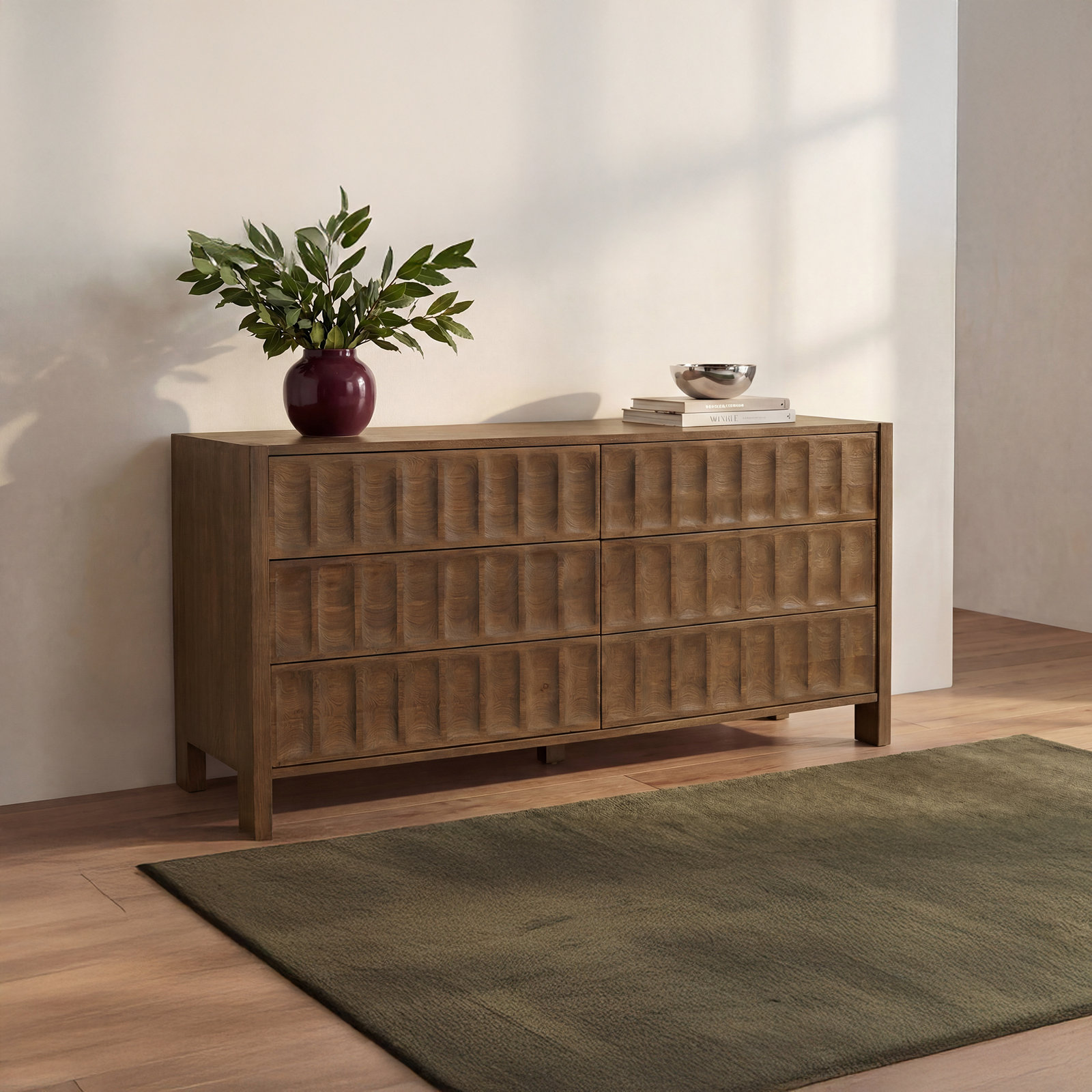 70" Oak 6-Drawer Dresser, Brown