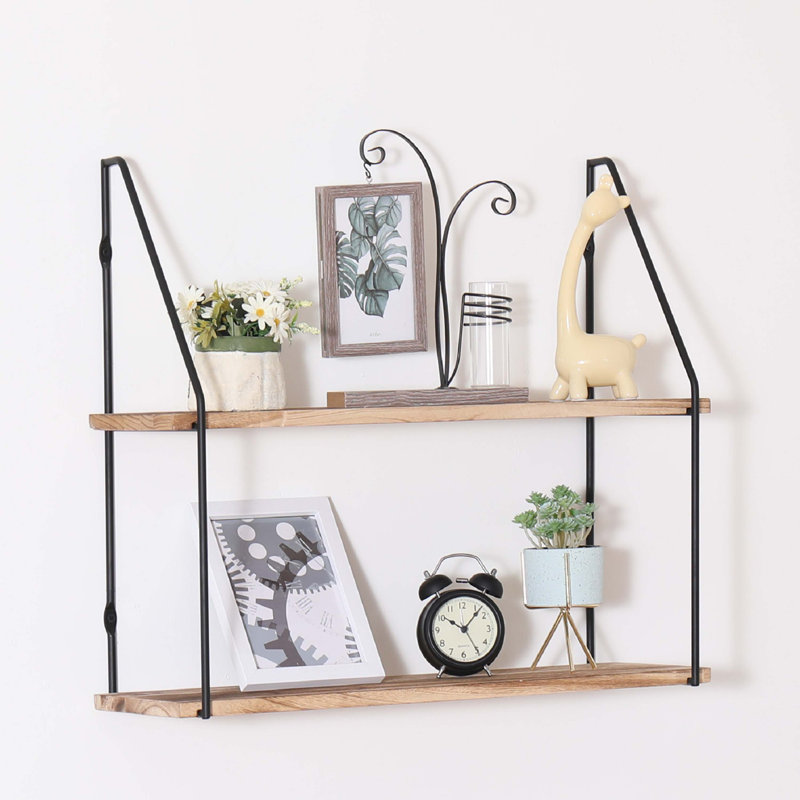Floating Shelf with Metal Brackets, Wall Mounted Rustic Wood Wall Storage