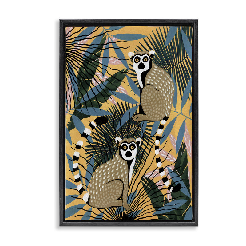 Cadre flottant lémuriens et plantes tropicales, design par Yvette St. Amant, Cadre flottant noir de jais, H 25 po x l 17 po