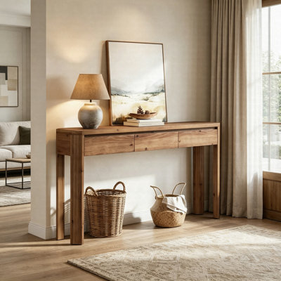 Console 63 po en bois massif avec 3 tiroirs, table d'appoint de style maison de campagne, table d'appoint étroite pour le couloir