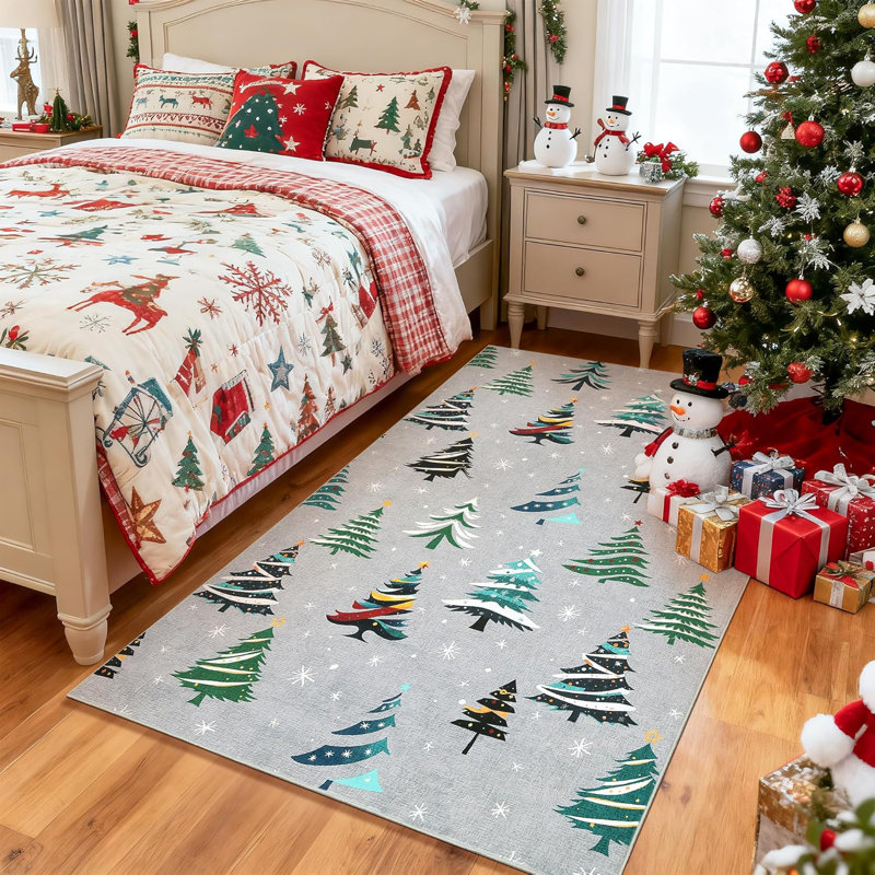 Christmas Tree Non-Slip Washable Low Pile Area Rug, Holiday Decor Living Room Rug, Xmas Design, Rectangle 4' x 6'