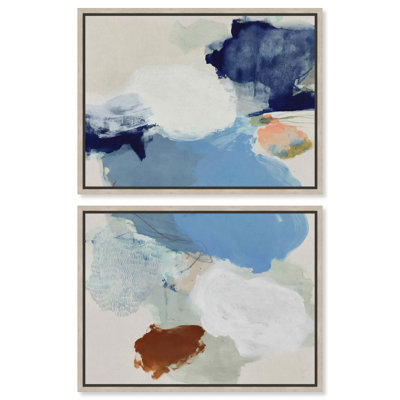Tableau abstrait côtier « Sable et Mer II » encadré par Art Remedy, cadre en chêne naturel, 40 x 30