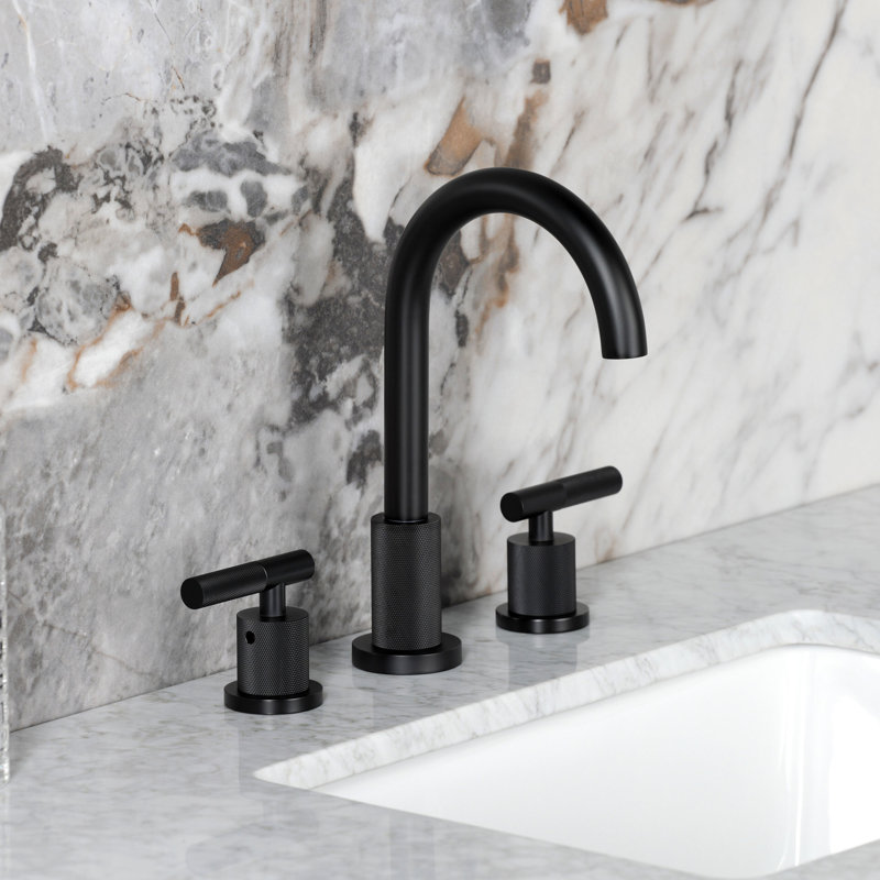 Kingston Brass Convergent Two-Handle 3-Hole Deck Mount Widespread Bathroom Faucet with Knurled Handle and Brass Pop-Up Drain
