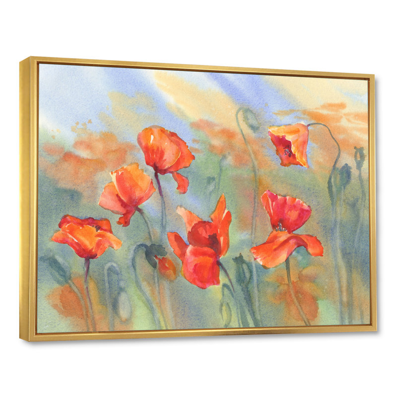 «Abstract Poppy Flowers On Rainy Day II», reproduction sur toile, H 12 po x l 20 po x P 1 po, Cadre flottant doré