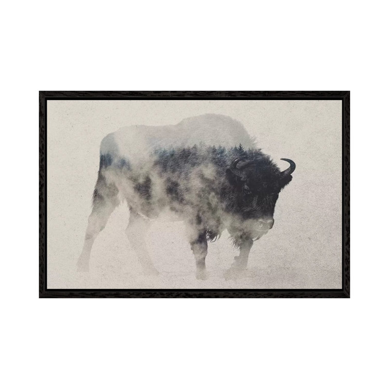 Bison In The Fog by Andreas Lie - Print on Canvas, Black Framed, 152.5 cm H x 101.5 cm W