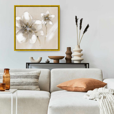 Toile encadrée deux fleurs crème | Décoration murale florale