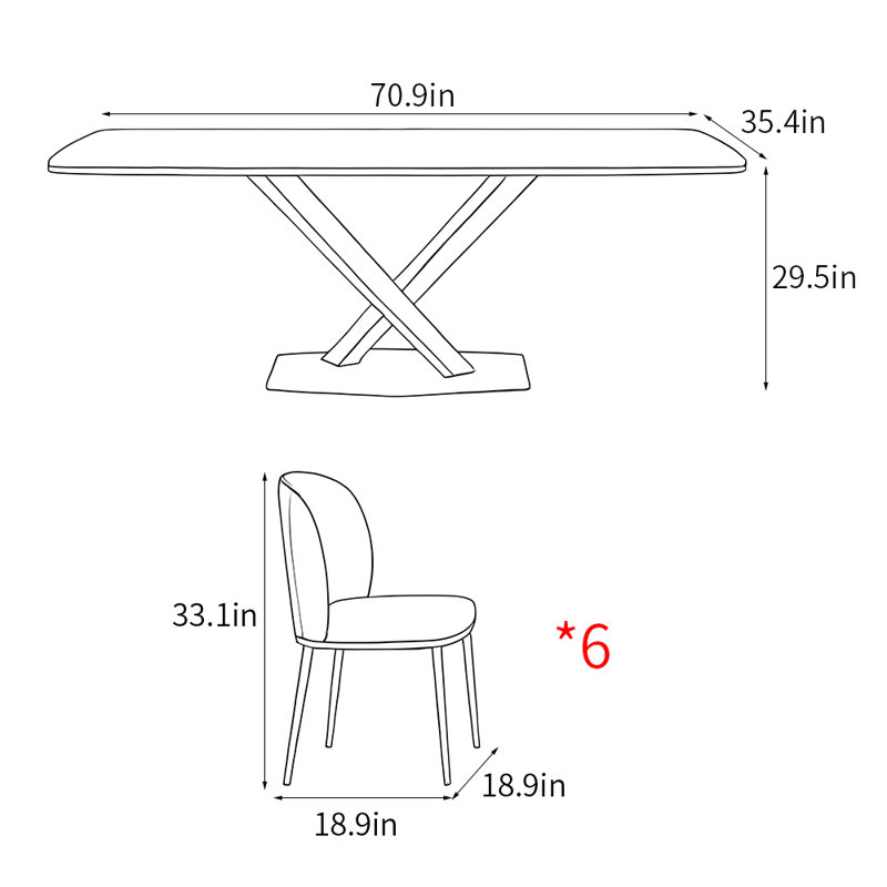 Italian style simple rectangular dining table sets, 29.5"H x 70.9"L x 35.4"W