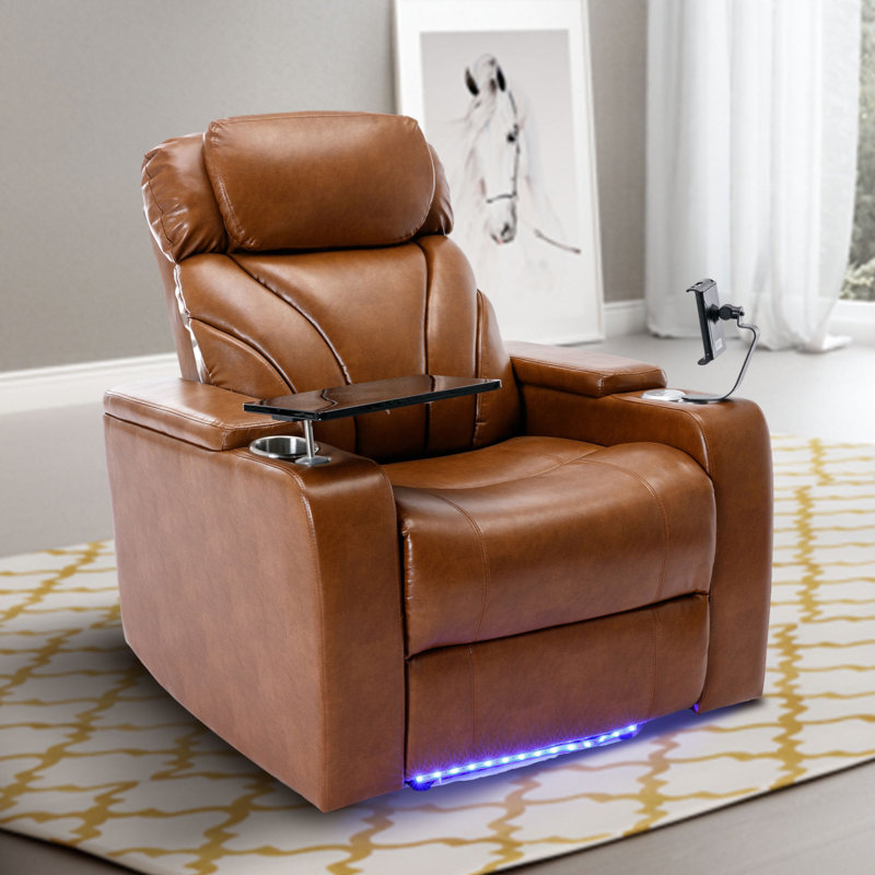 Upholstered Power Reclining Home Theater Seating, Light Brown Leather Match