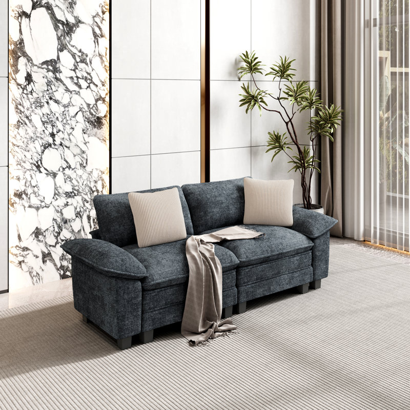 88" Oversized Deep Seat Living Room Sofa, Chenille Couch with Throw Pillows, Navy Chenille, 2, 34.6" H x 87.5" W x 34.6" D