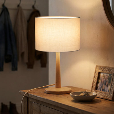 16.3" Mid-Century Dimmable Table Lamp with Beige Linen Fabric Shade, Natural Rubberwood Base and E26 Lamp Holder, cULus Certified for Bedroom Nightstands, Living Room Side Tables or Home Offices Desks