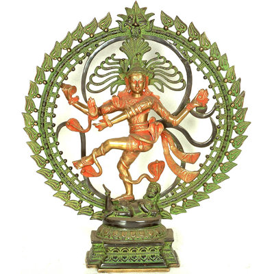 Statue en laiton Nataraja dansant avec toile de fond Om, 24,5 po, sculpture indienne fabriquée à la main pour décor de salon et d'espace de méditation