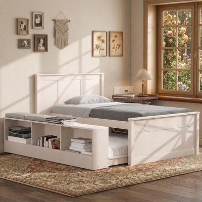 Twin Size Platform bed with Pull Out Trundle And Storage Cabinet