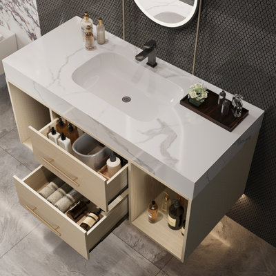 39.4" Wall - Mounted Floating Bathroom Vanity With Ceramic Sink, 2 Drawers, White Sintered Stone Top, Solid Wood Build, Modern Appearance, Gold Decorated Handles, Flexible Drain Installation 39.4
