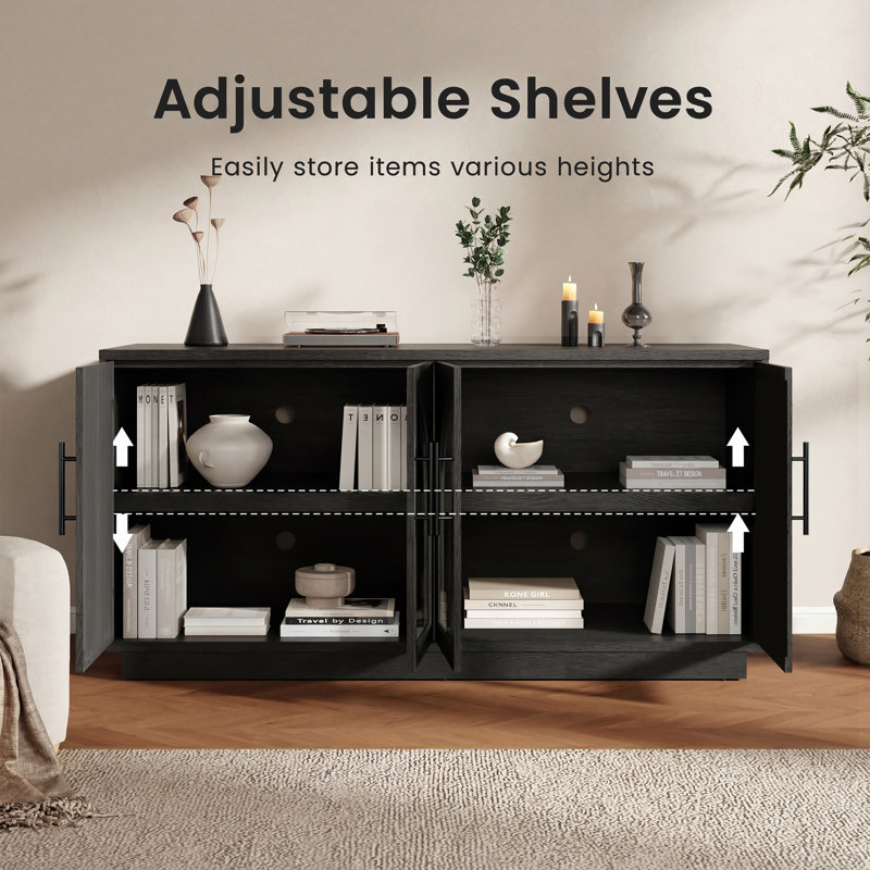 Arden 118'' W Arched Sideboard Buffet Cabinet Set with 8 Doors, Adjustable Shelves and Cable Management, Black, Set of 2