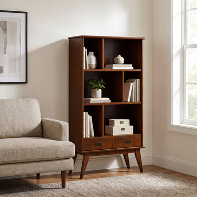 Draper 64"H Solid Wood Mid-Century Modern Wide Bookshelf with Adjustable Shelves and Tapered Legs