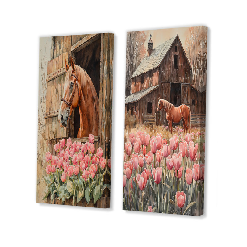 Tulipes et chevaux par la grange I - Art mural floral 2 pièces, H 28 po x l 25 po, Toile tendue