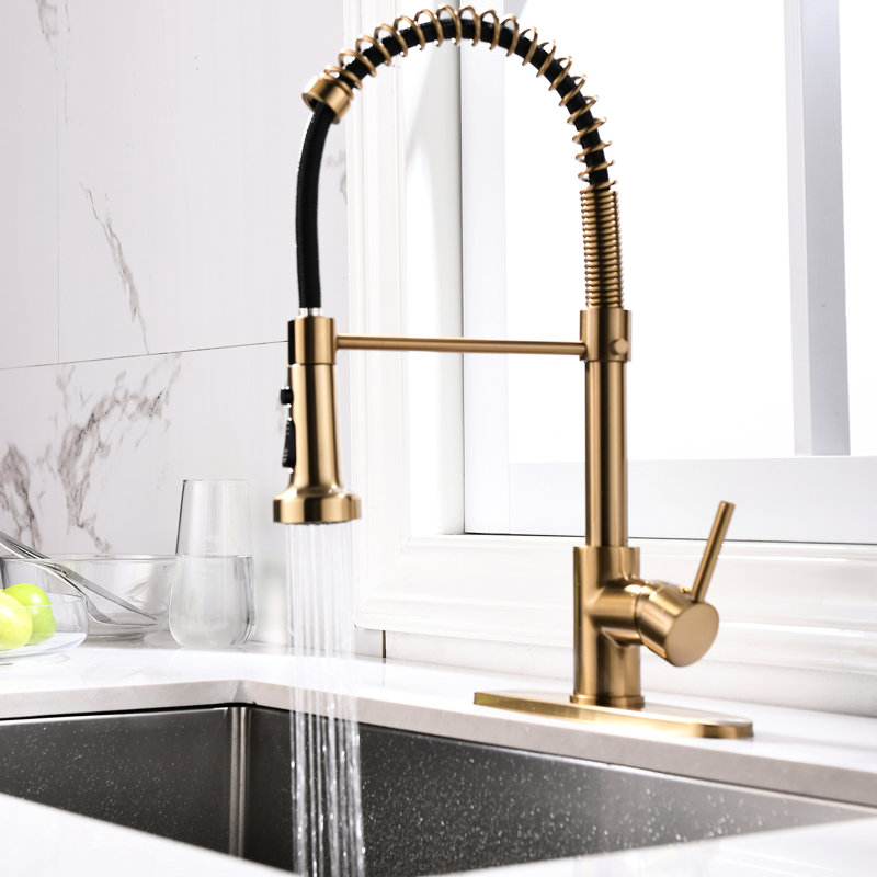 Robinet de cuisine doré brossé avec bec rétractable, facile à installer, matériau, tête de pulvérisation rotative à 360 degrés, eau stable, levier simple