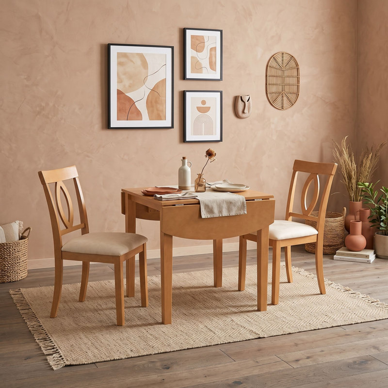 Ensemble de salle à manger 3 pièces avec table à abattants et chaises rembourrées, Natural
