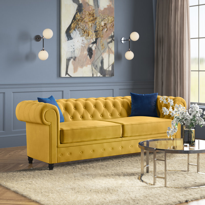Frances 3 Seater Chesterfield Sofa Velvet, Mustard, 74cm H x 194cm W x 90cm D