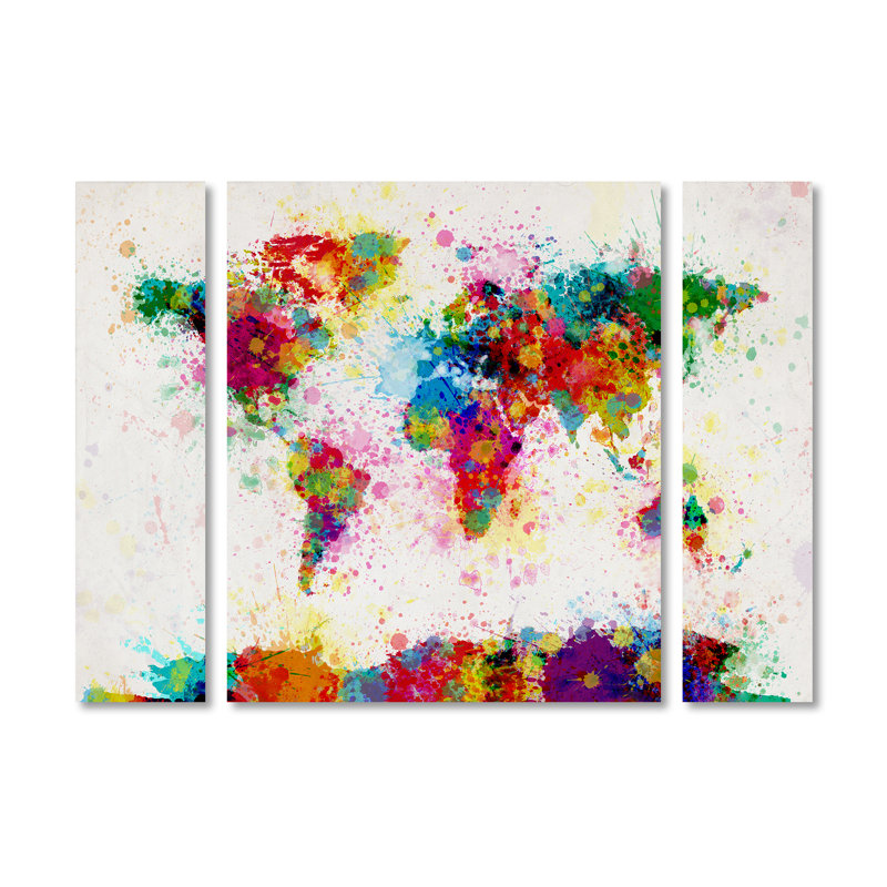 «Paint Splash World Map» par Michael Tompsett, ensemble de 3 impressions sur toile, H 24 po x l 32 po x P 2 po