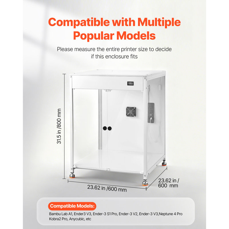3D Printer Enclosure with Ventilation, Dustproof Waterproof Transparent Acrylic 3D Printer Tent, Constant Temperature Protective Case with LED, Ender, Neptune, Kobra, Compatible with Bambu Lab