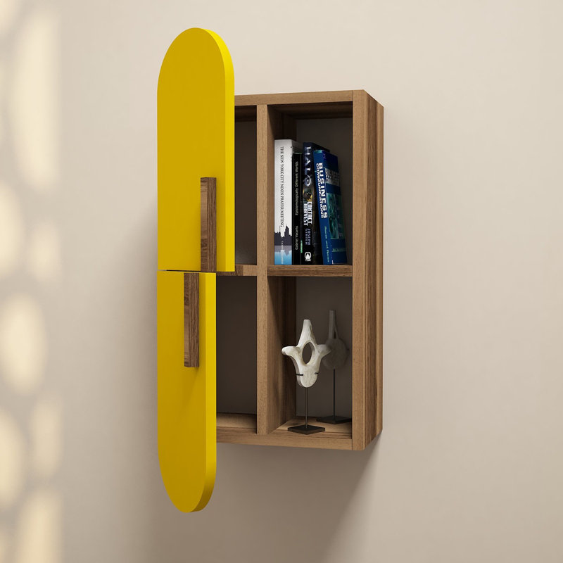 Tablette murale moderne avec plusieurs tablettes, finition noyer et jaune, 13,8 x 23,6 x 8,7 pouces | 100% panneau de particules enduit de mélamine, épaisseur: 0,7 pouce | Solution de rangement élégante et fonctionnelle, parfaite pour la décoration de la maison ou du bureau