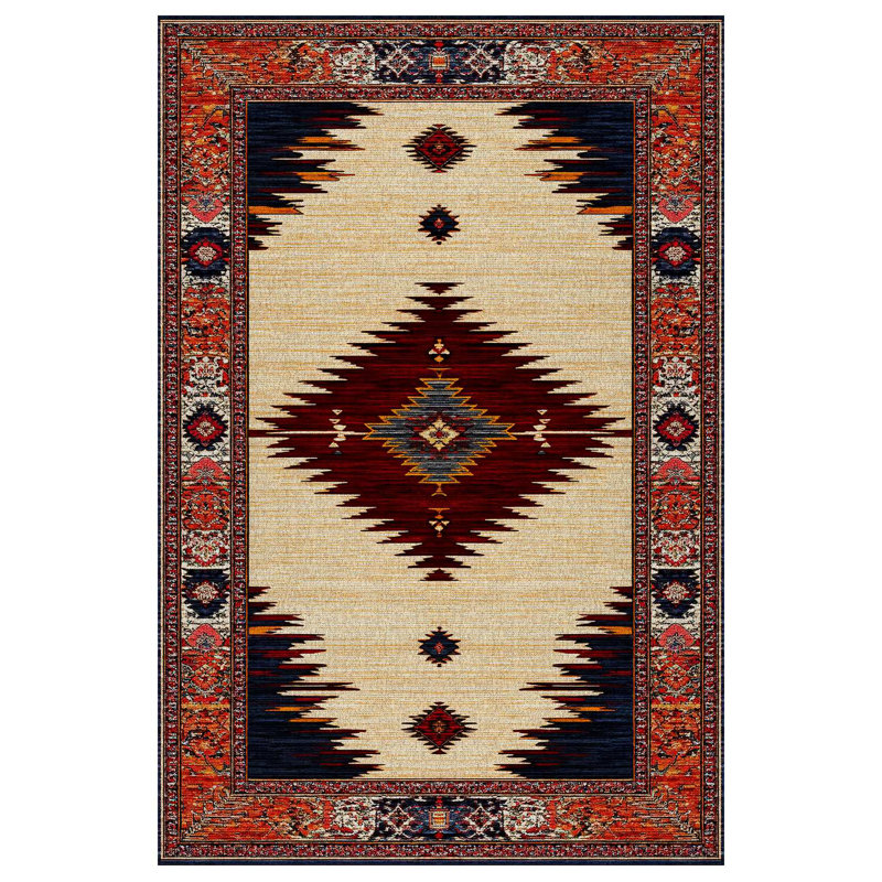 Nouvelle Collection Digital Print Cotton-Polyester Red Beige Moroccan Rug, Rectangle 5'3" x 6'7"