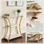 Console rustique à 3 niveaux avec tablettes ouvertes, table d'entrée étroite avec structure en métal incurvée, table de canapé mince pour le couloir du salon ou du vestibule, marbre blanc doré