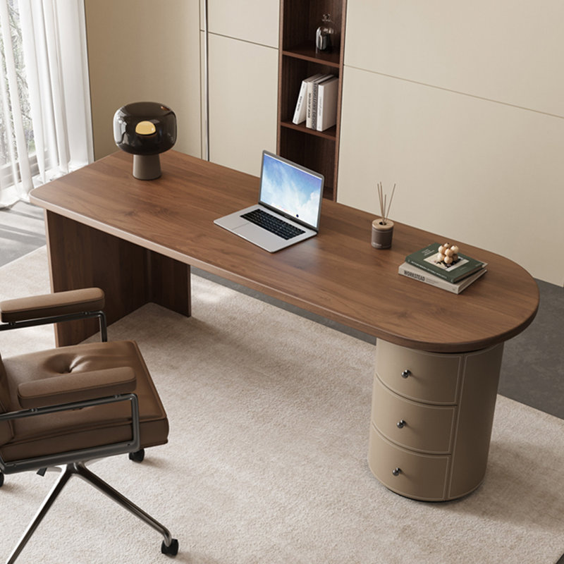 Bureau en bois manufacturé demi-cercle brun noisette, H 29,53 po x l 70,87 po x P 27,56 po