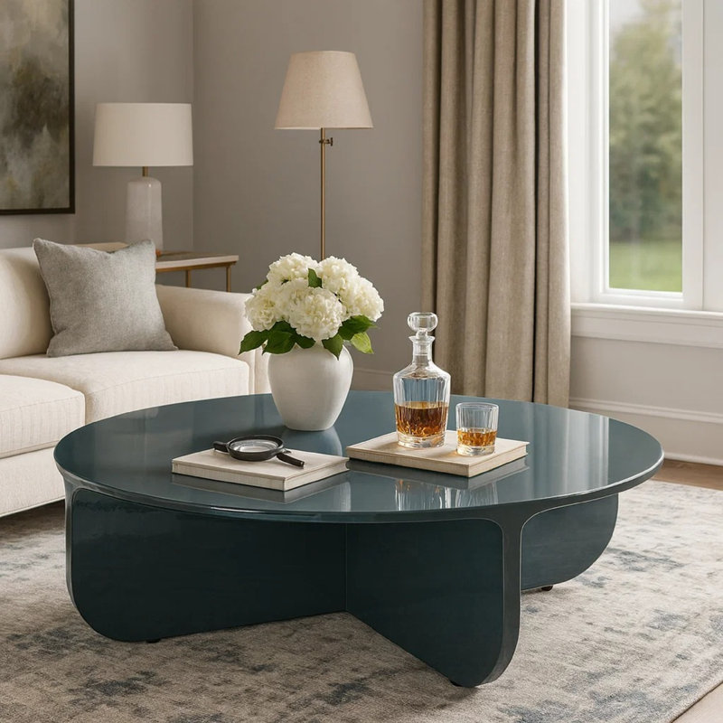 Table basse Lemy. Plateau rond 39 po avec base piédestal, bois bleu sarcelle