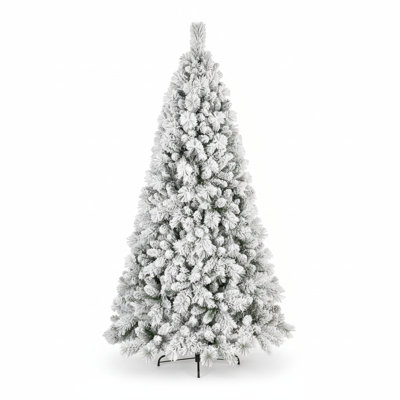 7.5FT Flocked Christmas Tree, 1252 Tips, Snowy PVC/Hard Needle, Hinged, Metal Stand | Gift Idea