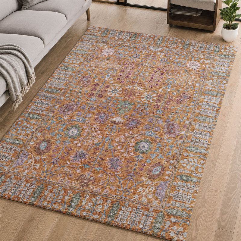 Premium Machine Washable Mayfield AMF2231 Global Rug, Orange, 8' x 10'