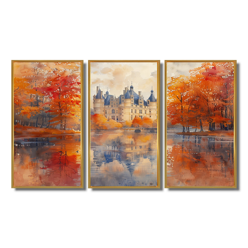 - Ensemble d'art mural Chateaus, H 40 po x l 60 po x P 1 po, Toile avec cadre flottant or