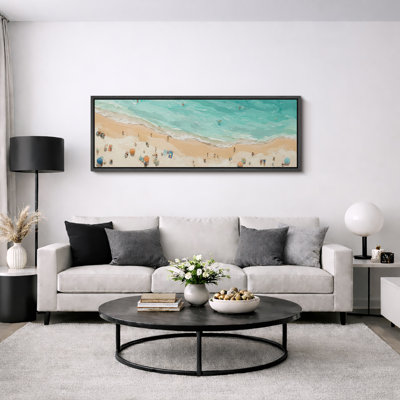 Coastal Beach View with Umbrellas and Waves Extra Large Pictures Framed Canvas Print Wall Art