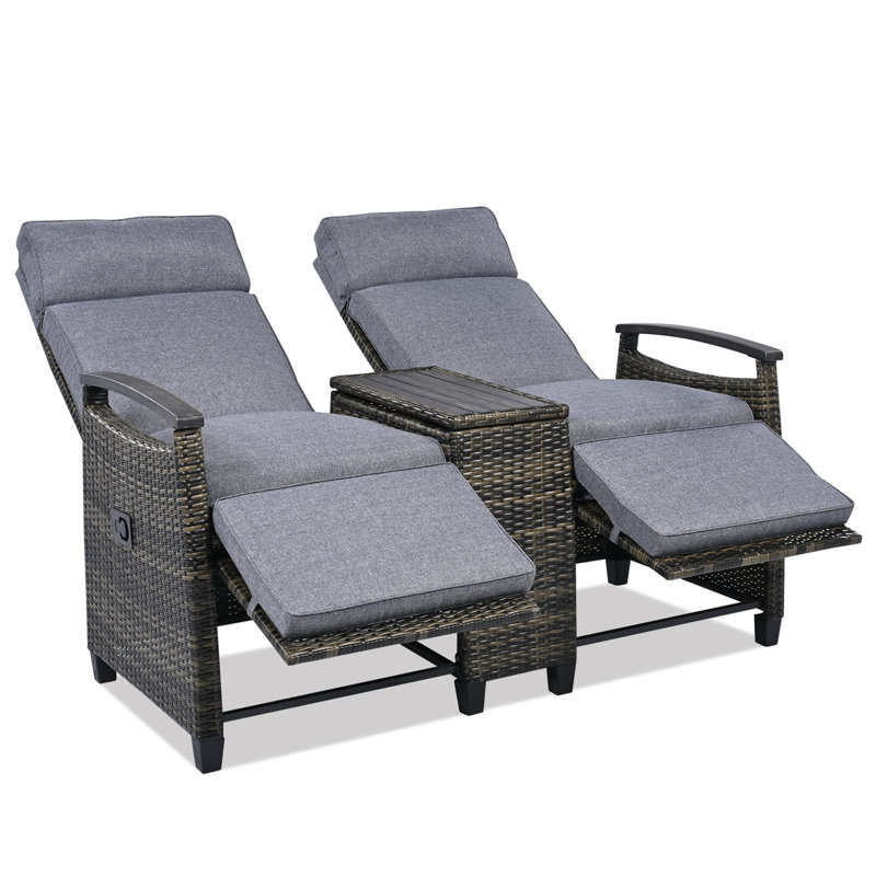 Patio Recliner Loveseat Chair with Adjustable Backrest and Built-in Storage Table, Grey