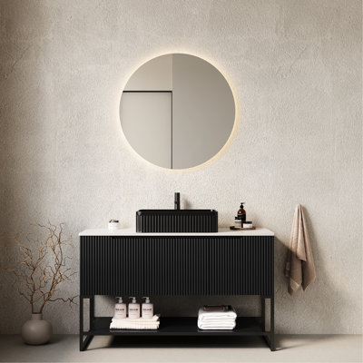 Rangement autoportant pour salle de bain - Lavabo en céramique noire et comptoir blanc