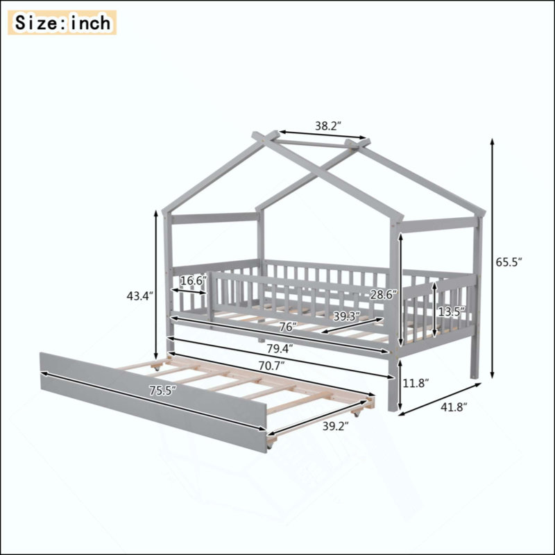 Wooden House Bed with Trundle
