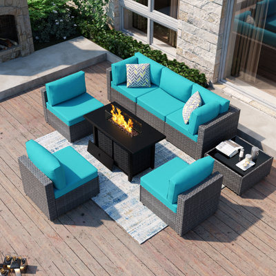  Emanie 6 - Person Outdoor Rattan Patio Set with Fire Pit Table
