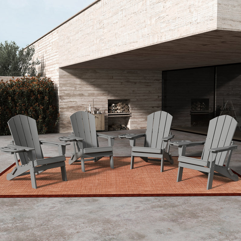 HDPE  Folding Adirondack Chair  with Cup Holder Weather-Resistant, Gray