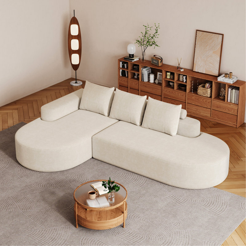 Siège en forme de L à 3 places, revêtement en chenille, lignes arrondies, matériau à haute résilience, coussins décoratifs, siège confortable avec bords et tissu respirant, parfait pour le salon