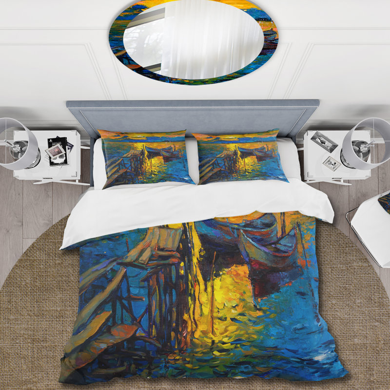 «Boat Pendant Evening Glow At The Lake II» - Ensemble de housse de couette nautique et côtier - Polyester en microfibre