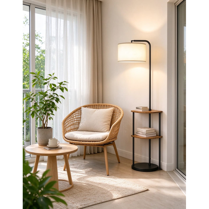 Lampe sur pied d'angle avec table, lampe sur pied avec table d'appoint et tablette de rangement, table de bout rustique avec ampoule à DEL, télécommande, gradation continue, table de chevet de ferme pour salon, chambre à coucher