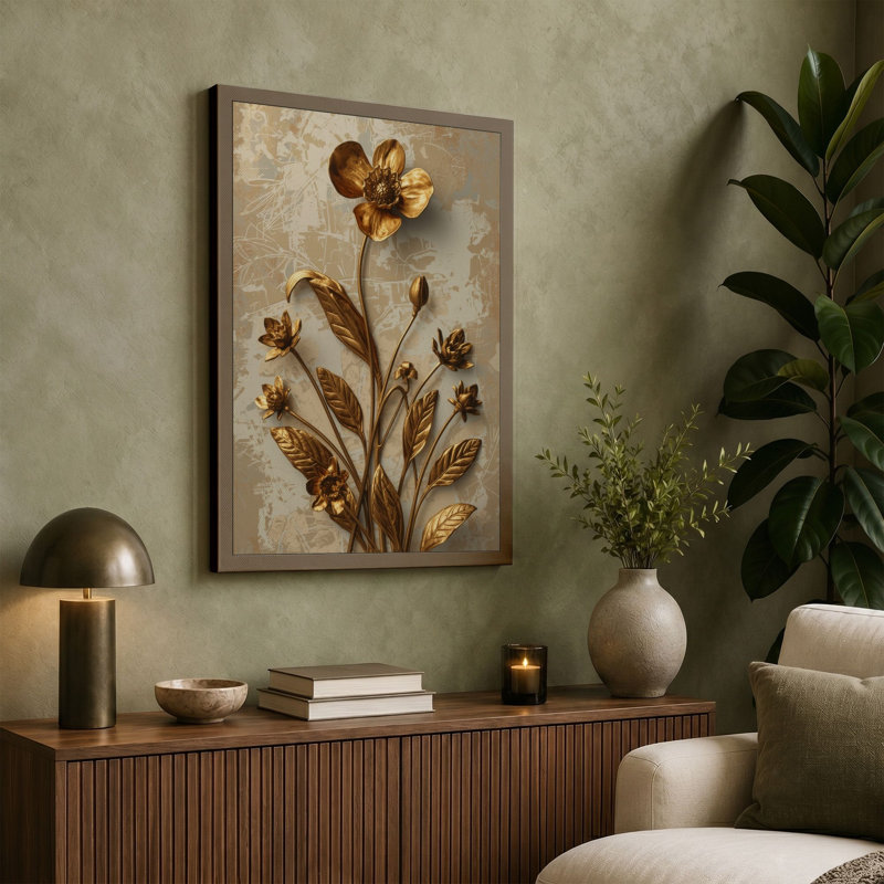 Golden Bloom in Relief Botanical - Wrapped Canvas, 36x24 - 91.4 x 61.0 cm, Black Border