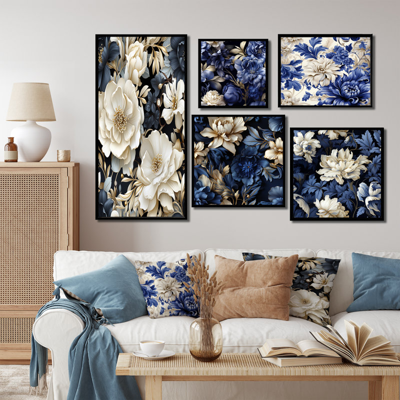 Rella - Ensemble de 5 impressions murales sur toile florale, Cadre flottant noir