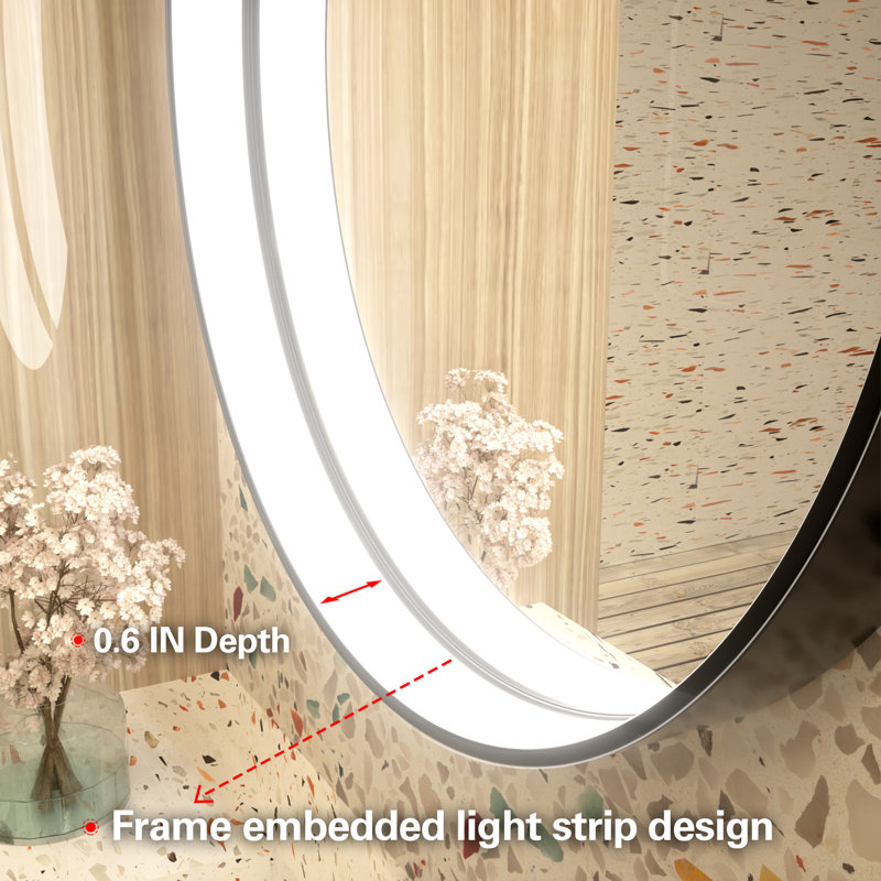 Akhiya Black Metal Frame LED Round Vanity Mirror with Lights, with Anti-Fog Dimmable Function, 28" x 28"