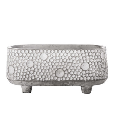 Pot ovale avec corps en pointillé abstrait estampé sur support LG Finition en béton lavé gris. 11,25 po x 5,25 po x H 5,00 po
