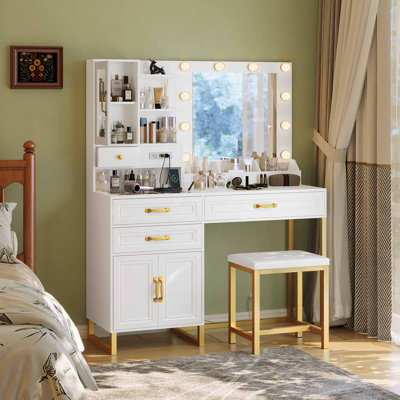 Yosefa Makeup Vanity Set with LED mirror and power outlet , 3 large drawers and storage cabinets