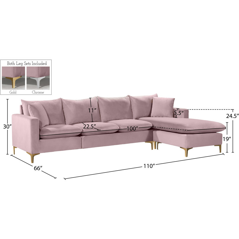 Canapé et méridienne réversible en velours Naomi, Velours rose