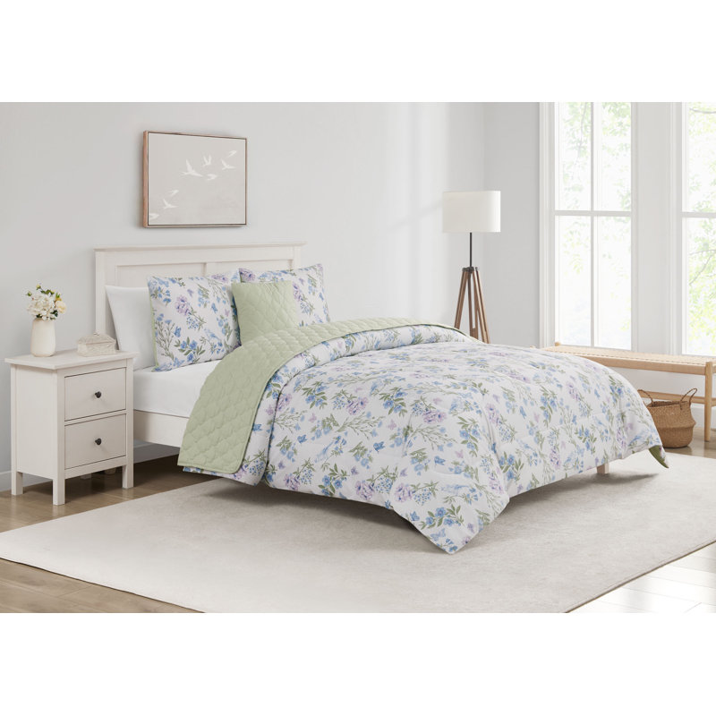 Ensemble d'édredon / courtepointe 5 pièces Easton, Motif floral vert, Édredon de grand lit + 4 pièces additionnelles