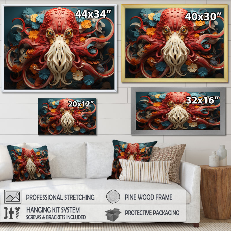 Squid Enigmatic Cephalopod Geometric I - Animals Wall Decor, H 24 po x l 32 po, Cadre flottant noir